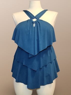Blue Layered Ruffle Tankini Plus Size 3XL Adjustable Strap 2 Piece Swim Set
